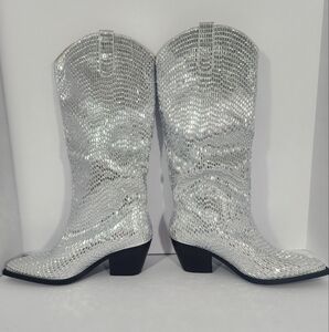 Azalea Wang Driven Silver Sequin Western Cowboy Boots Women’s 8.5 festival disco